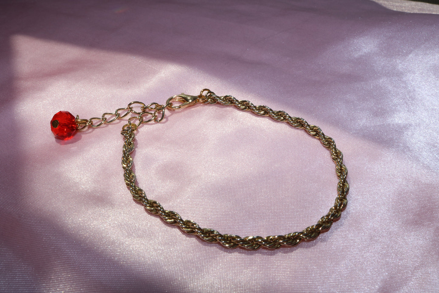 Gold Rope Chain Bracelet with Red Bead Charm