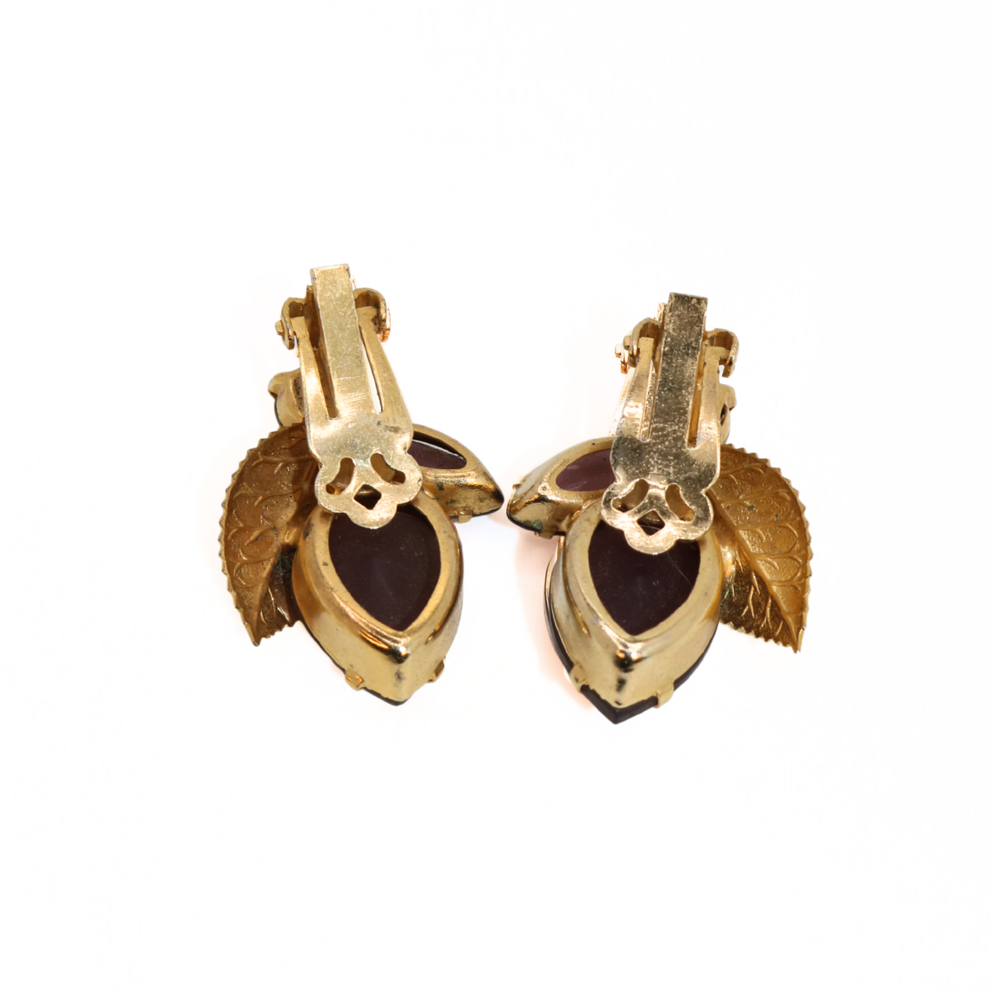 Vintage Purple Rhinestone Leaf Clip-On Earrings