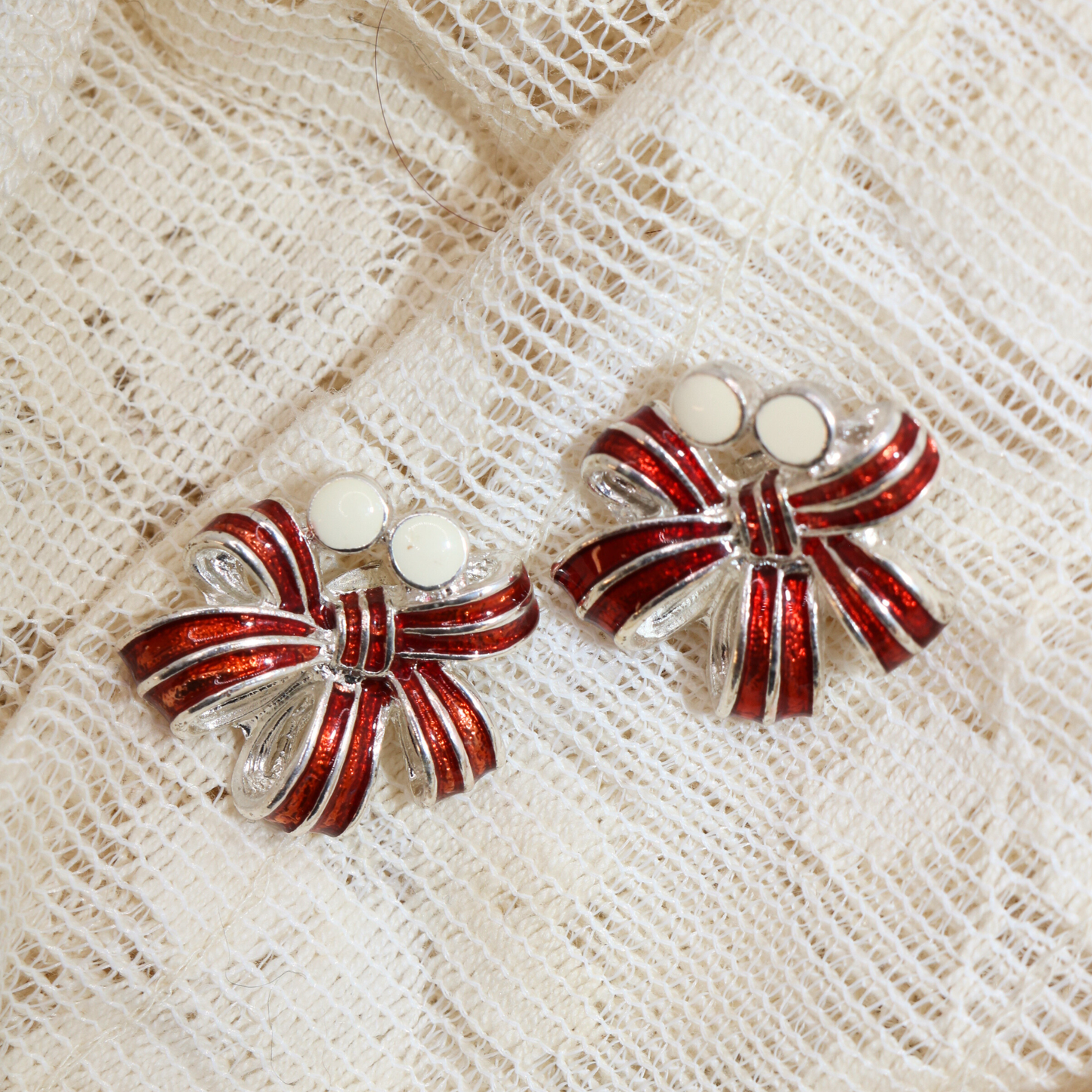 Vintage Red Enamel Bow Stud Earrings
