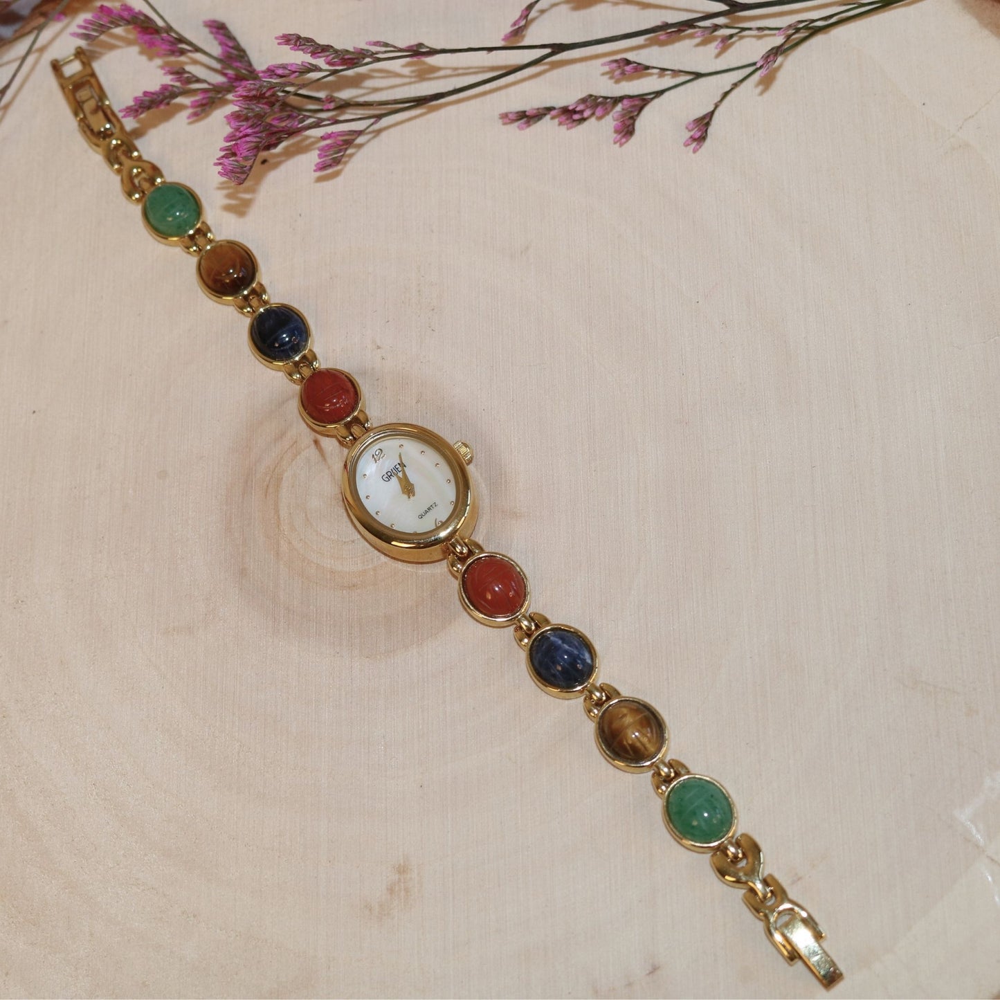 Gold Tone Gemstone-Style Quartz Watch