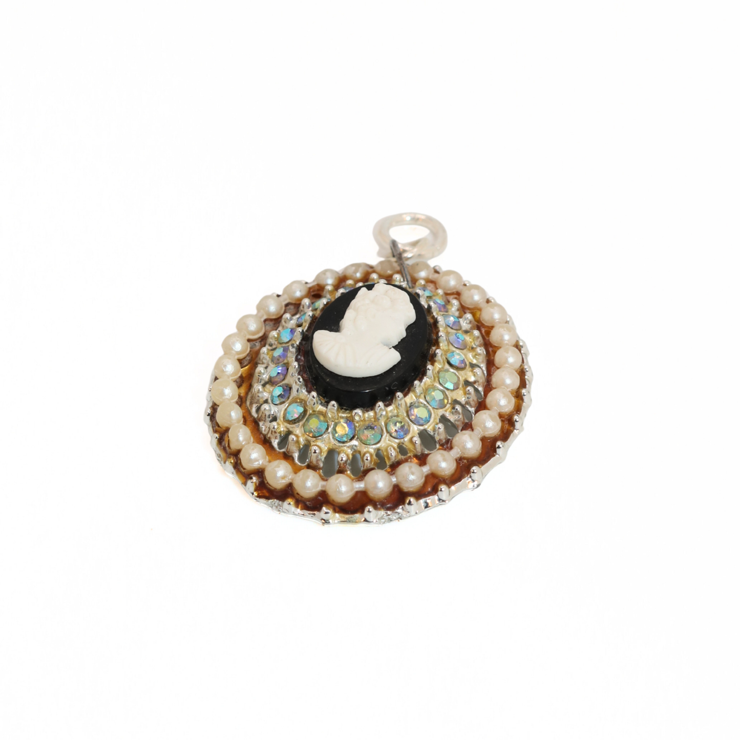 Vintage 1950's Cameo Gold Tone & Iridescent Rhinestones Faux Pearls Pendant