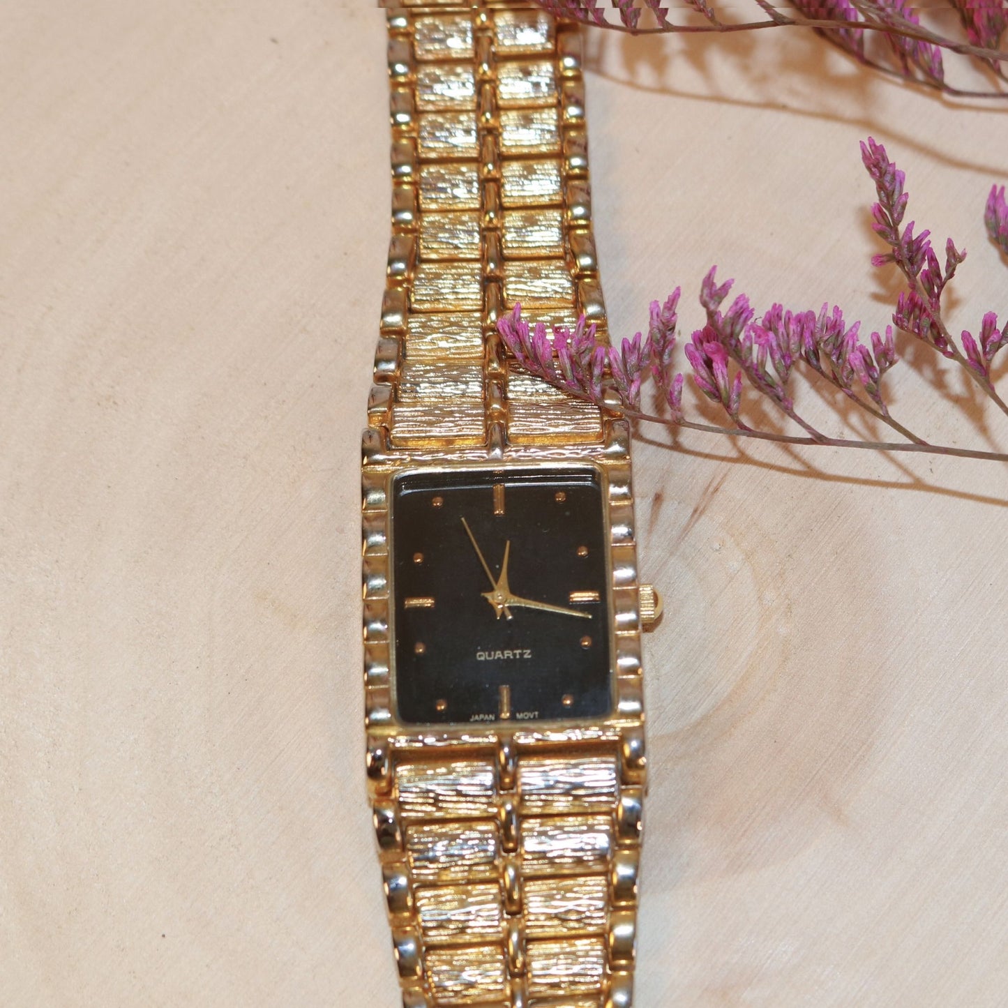 Gold Tone Black Dial Rectangle Quartz Watch