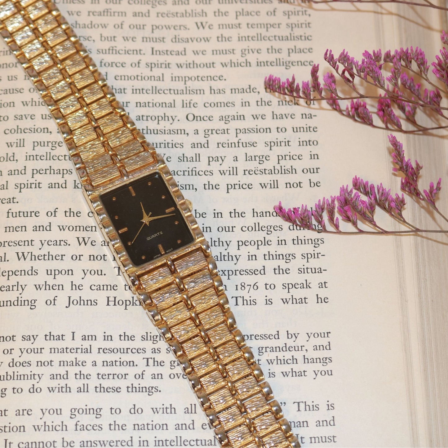 Gold Tone Black Dial Rectangle Quartz Watch