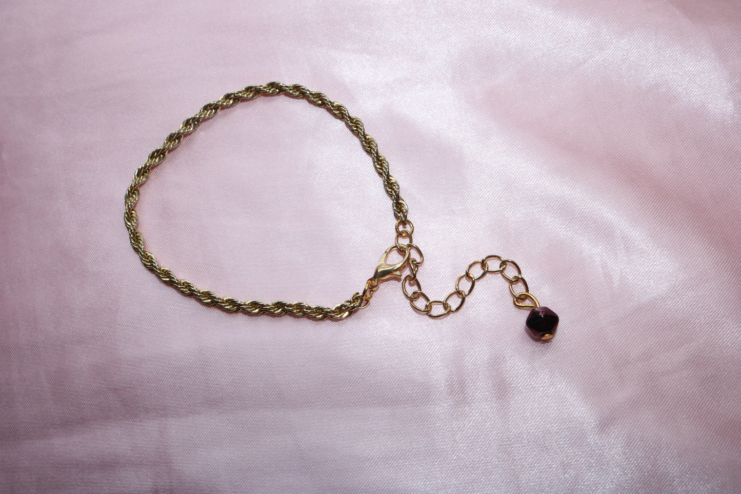 Dainty Gold Rope Chain Bracelet with Purple Bead Charm
