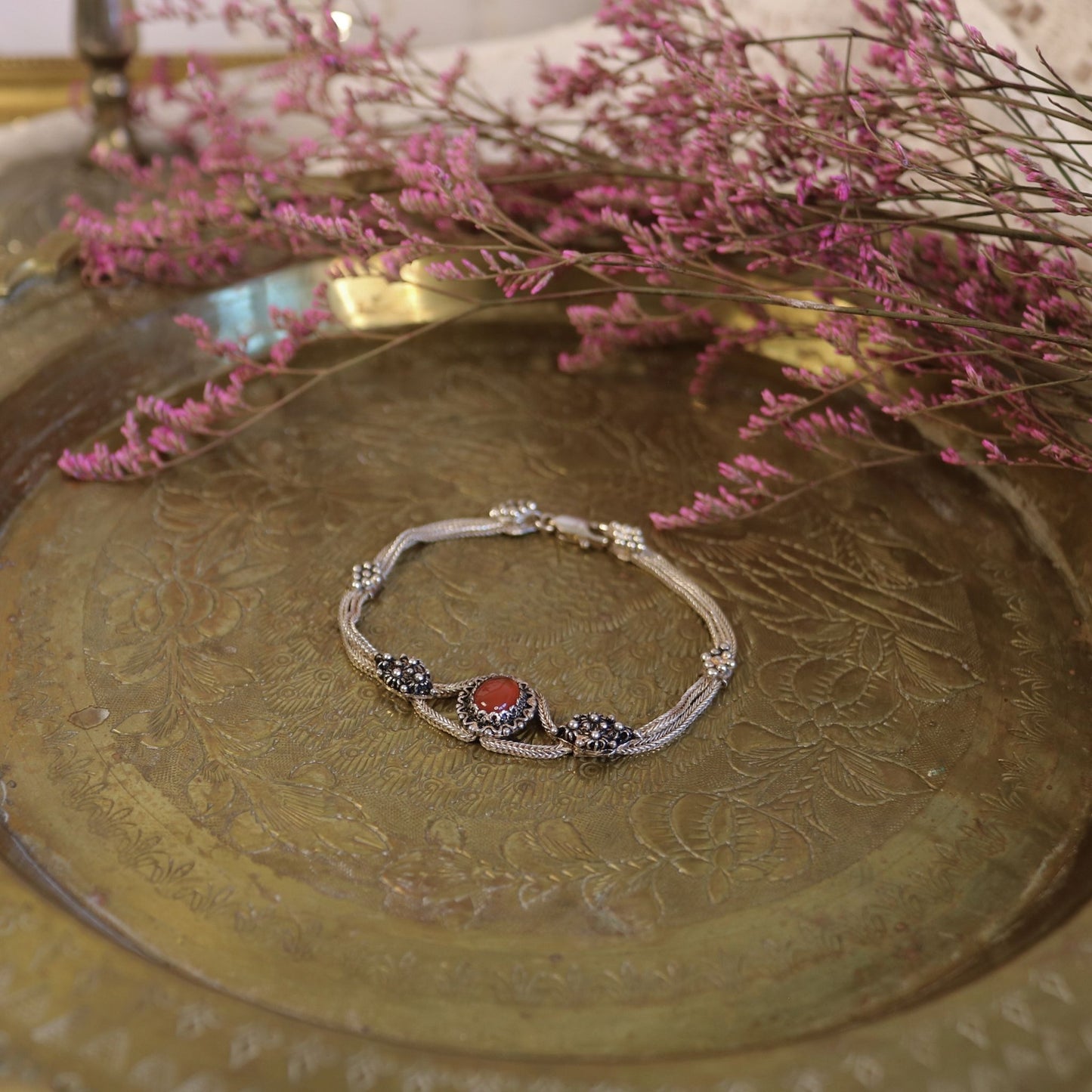 Sterling Silver Mesh Bracelet with Carnelian Cabochon & Marcasite Accents