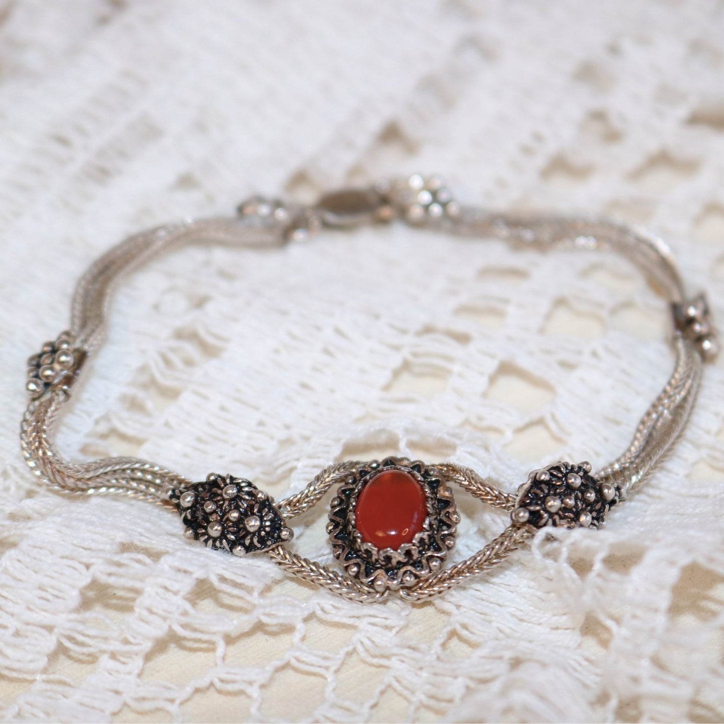 Sterling Silver Mesh Bracelet with Carnelian Cabochon & Marcasite Accents