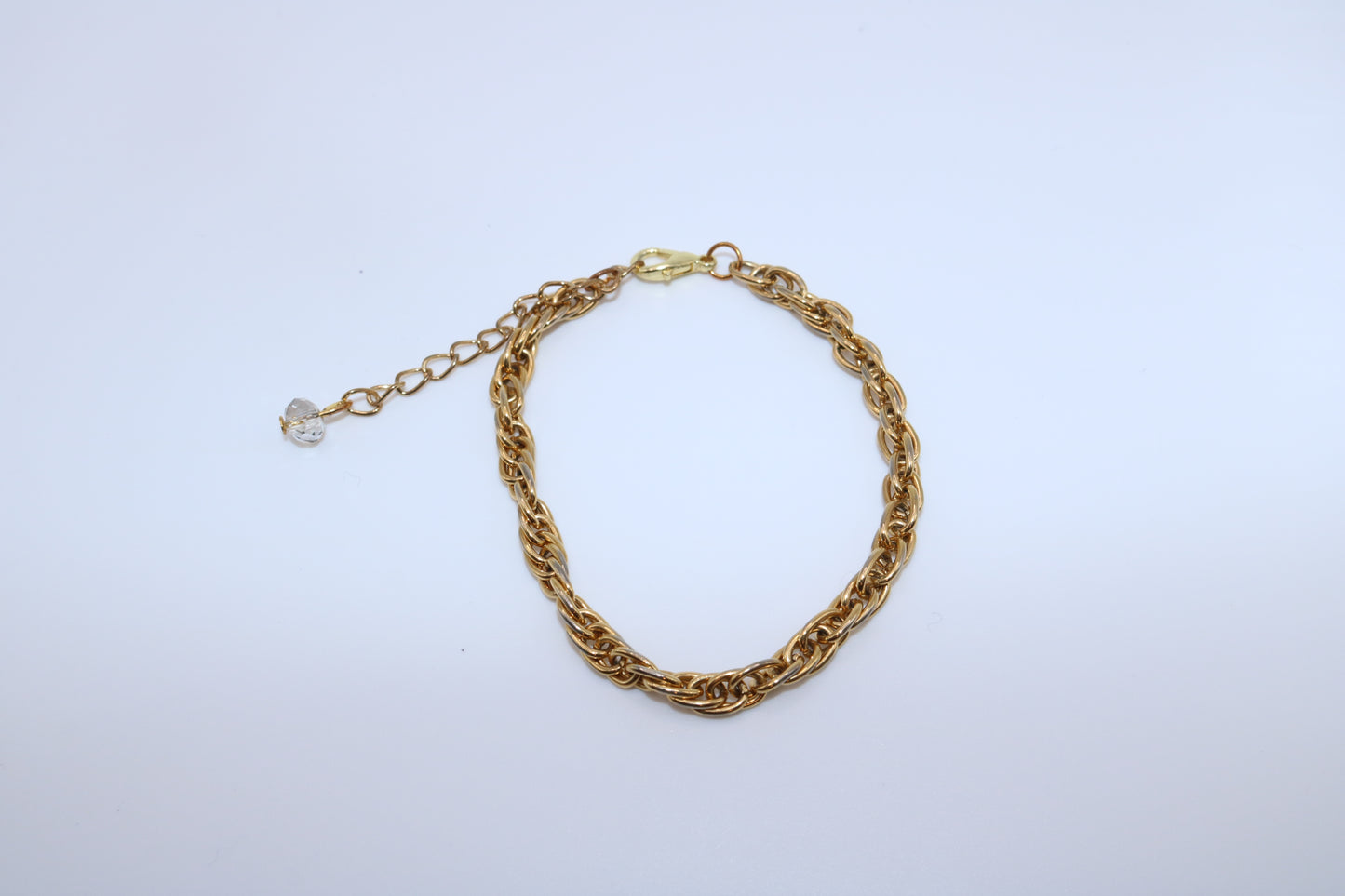 Double Link Gold Chain Bracelet with Clear Crystal Charm