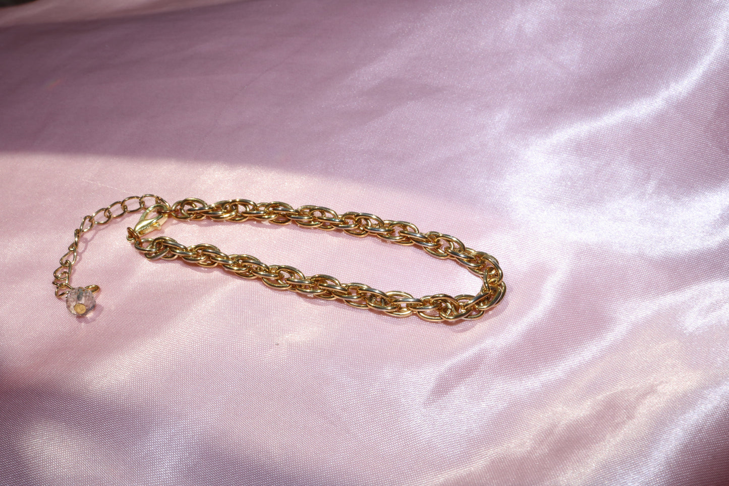 Double Link Gold Chain Bracelet with Clear Crystal Charm