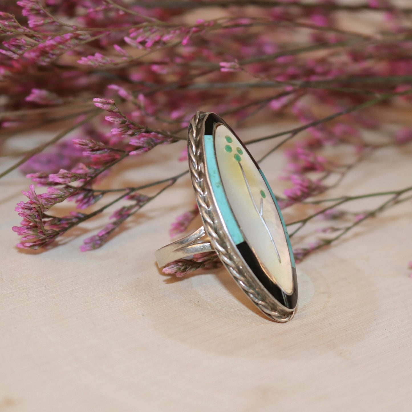 Sterling Silver Marquise Ring with Inlay Design