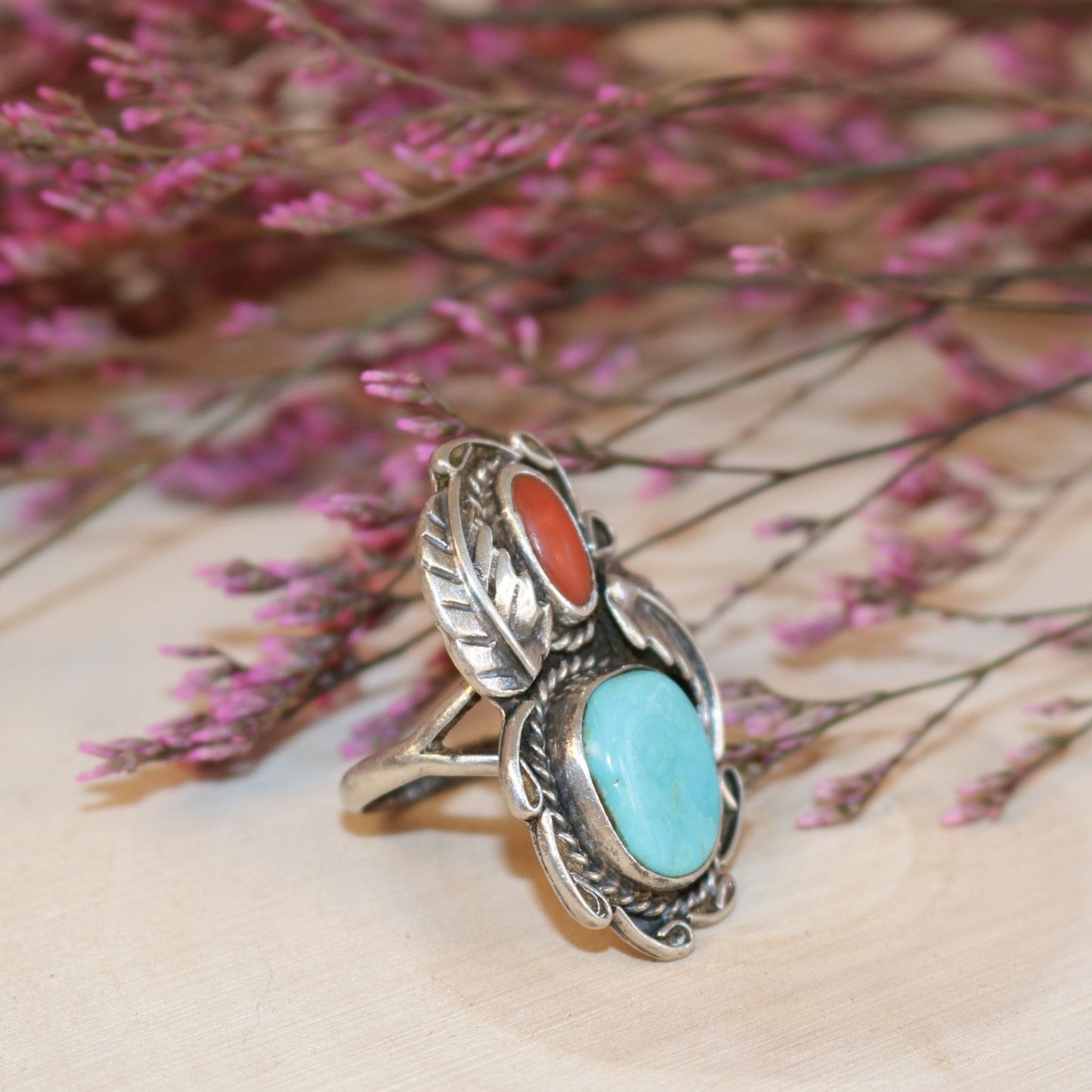 Sterling Silver Ring with Turquoise & Coral Cabochons