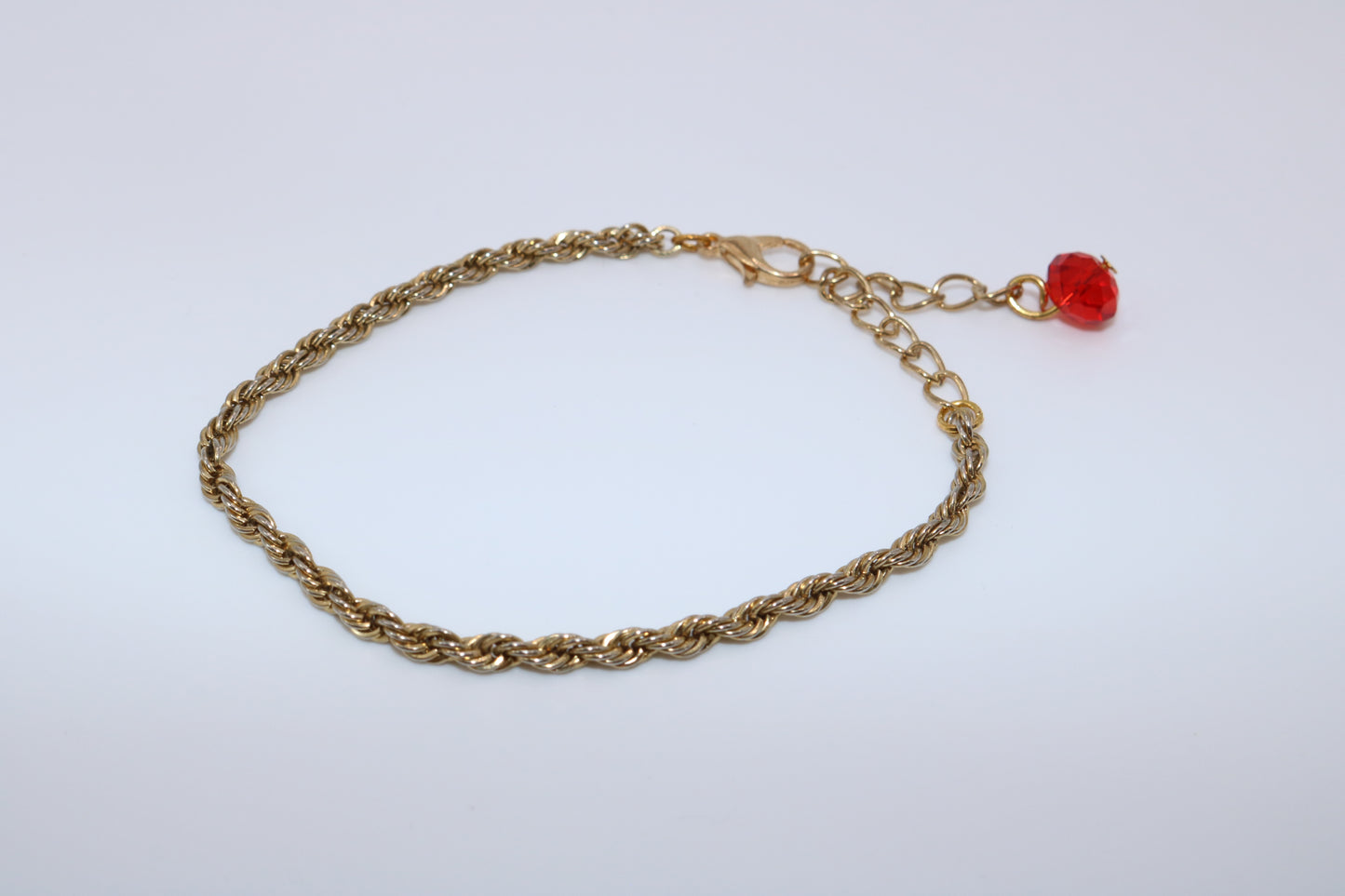 Gold Rope Chain Bracelet with Red Bead Charm