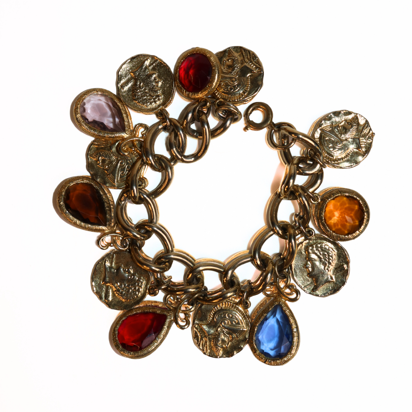 Antique Coin & Multicolor Glass Charm Bracelet