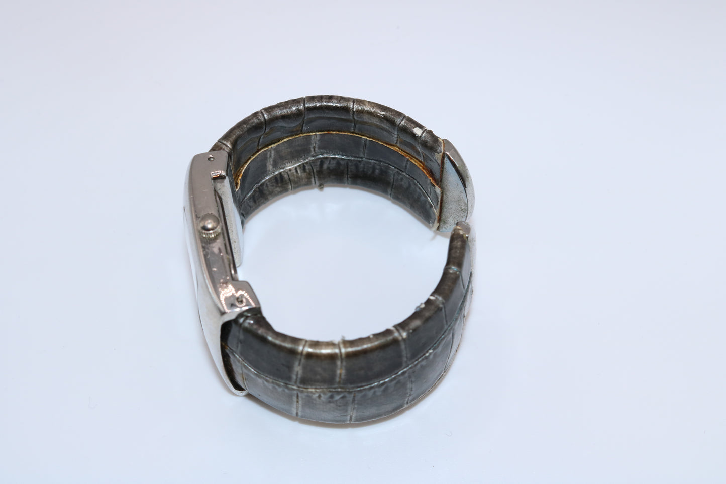 Vintage Alberto Zorzo Wide Cuff Watch – Silver & Faux Croc Leather