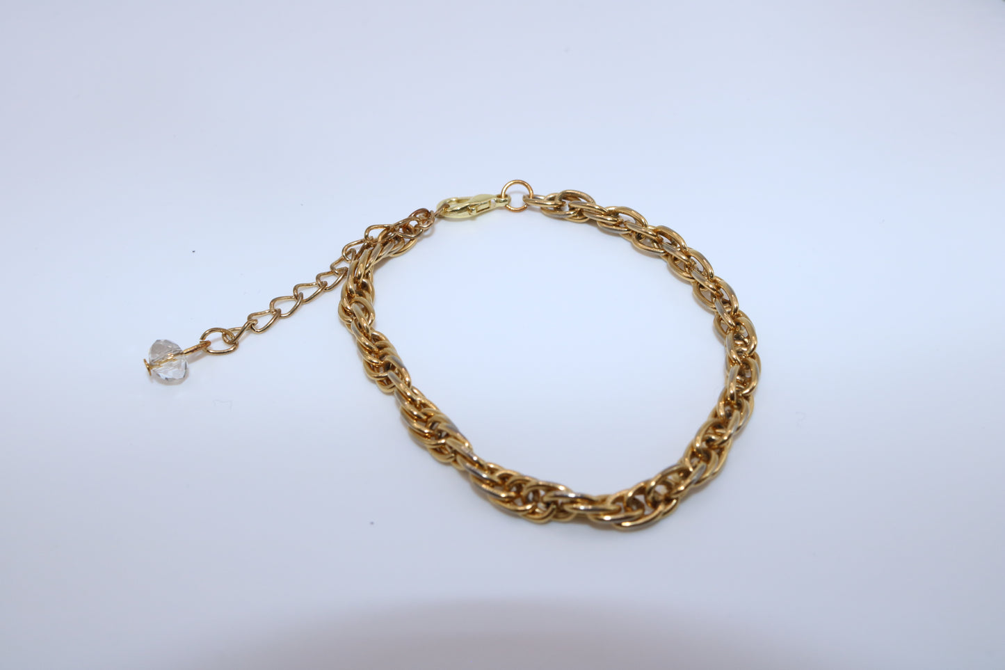Double Link Gold Chain Bracelet with Clear Crystal Charm