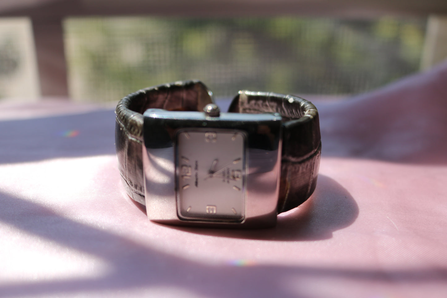 Vintage Alberto Zorzo Wide Cuff Watch – Silver & Faux Croc Leather