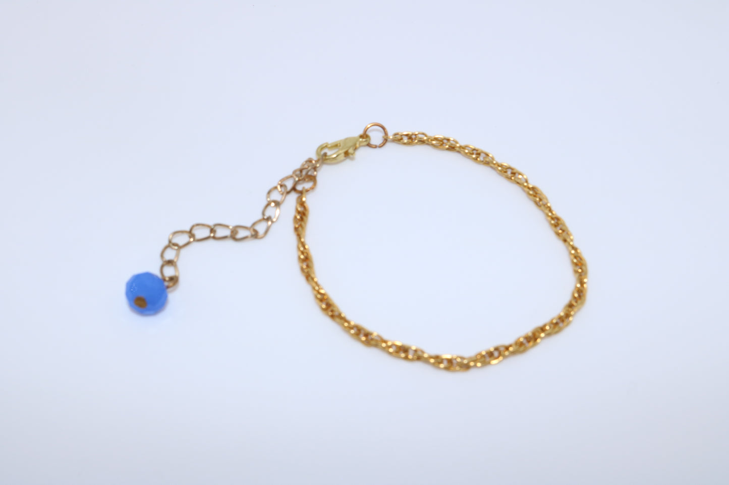 Gold Rope Chain Bracelet with Blue Bead Charm