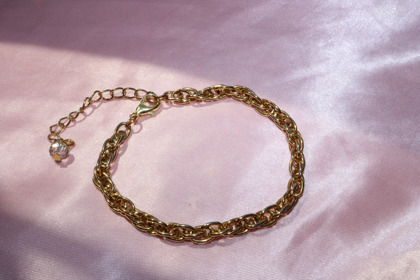 Double Link Gold Chain Bracelet with Clear Crystal Charm