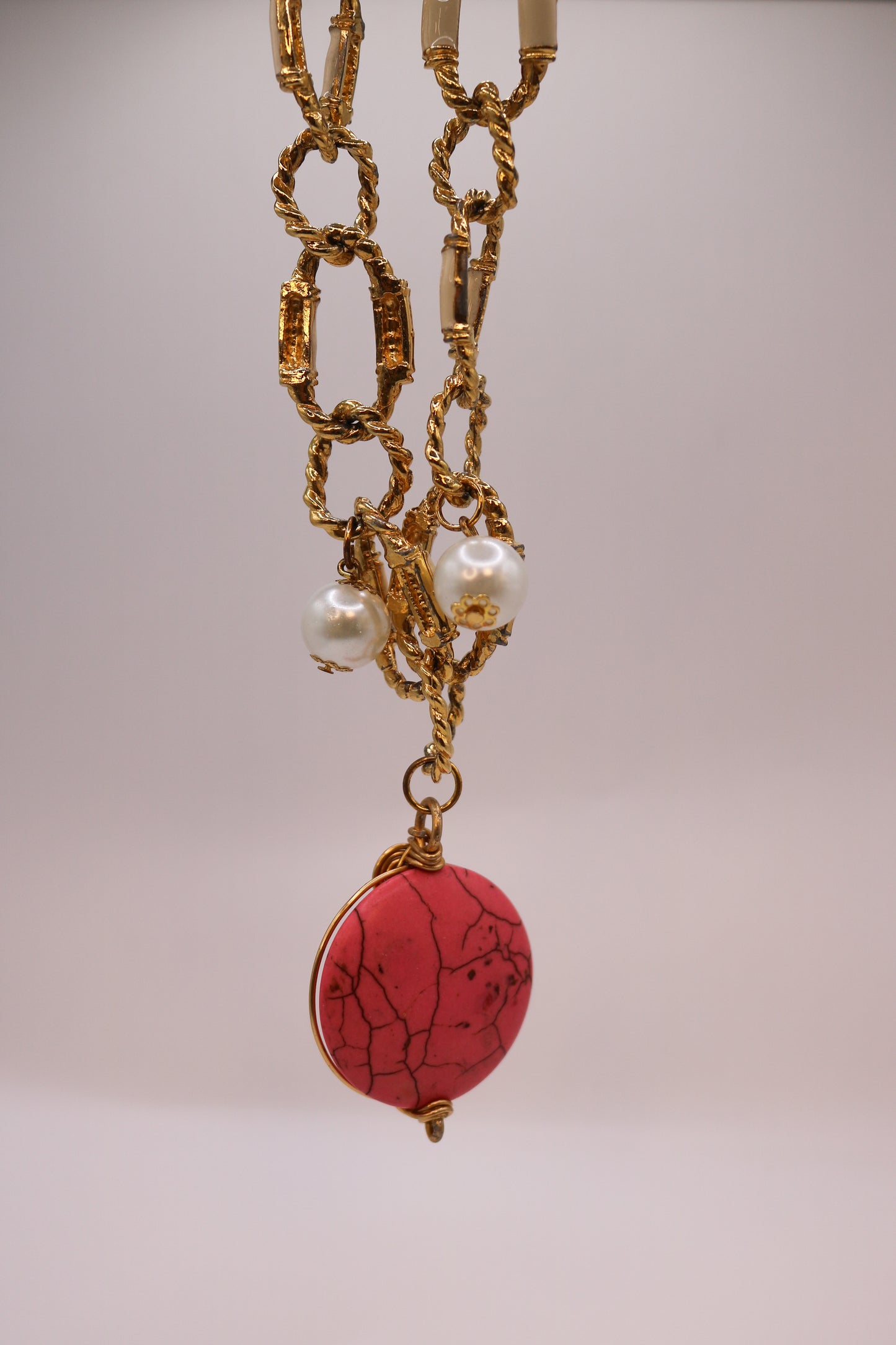 Golden Chain Necklace with Pink Stone + Pearl Accents