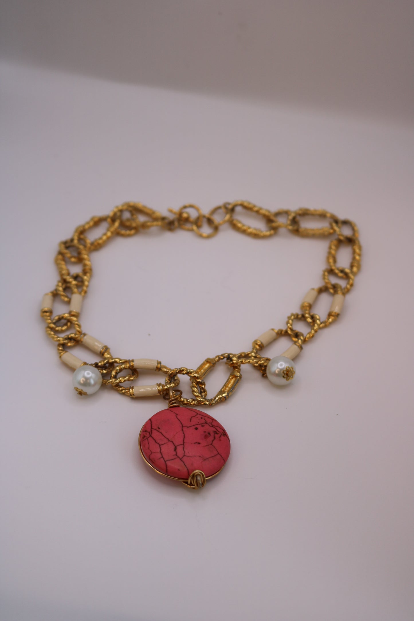 Golden Chain Necklace with Pink Stone + Pearl Accents