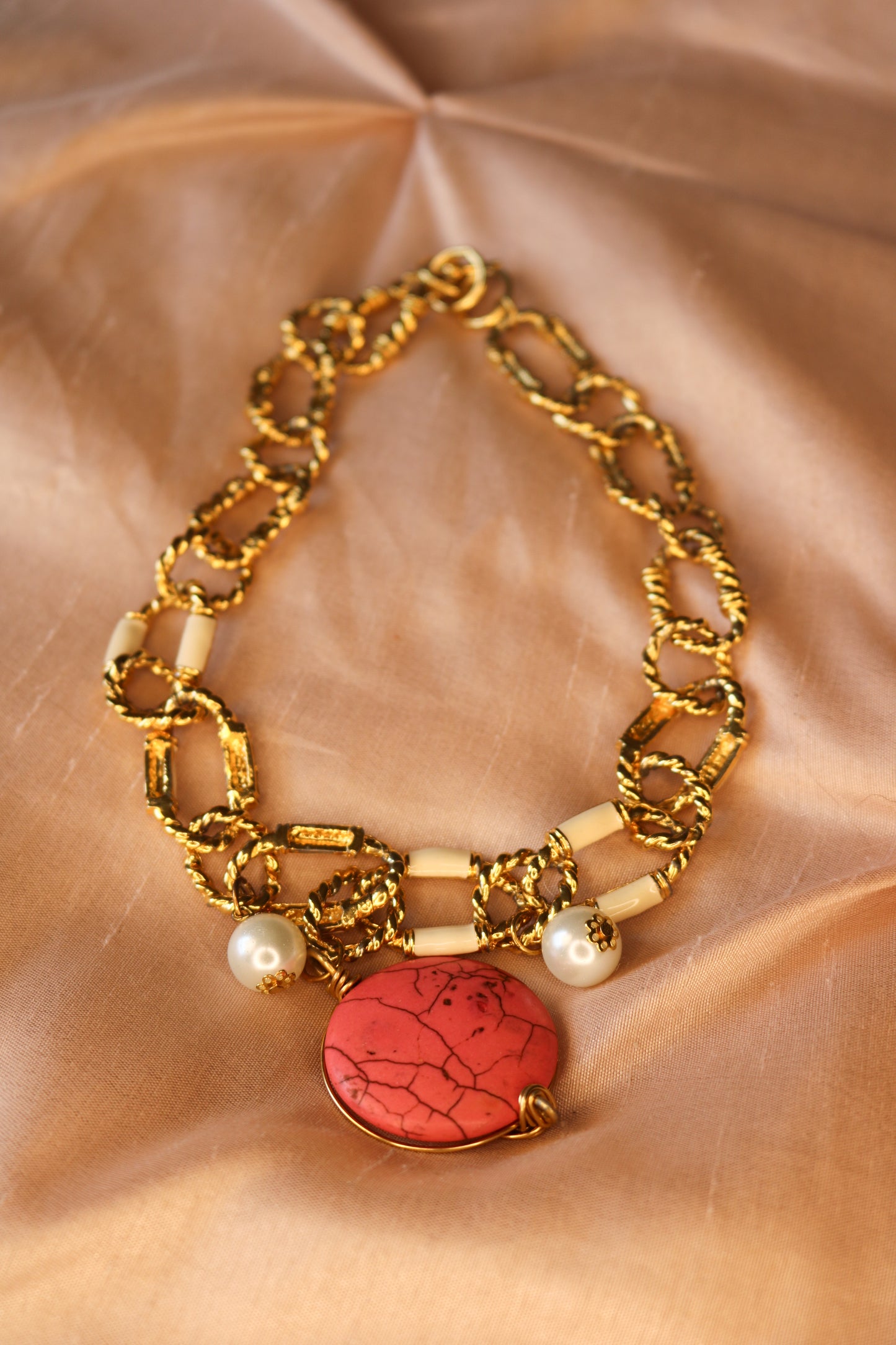 Golden Chain Necklace with Pink Stone + Pearl Accents