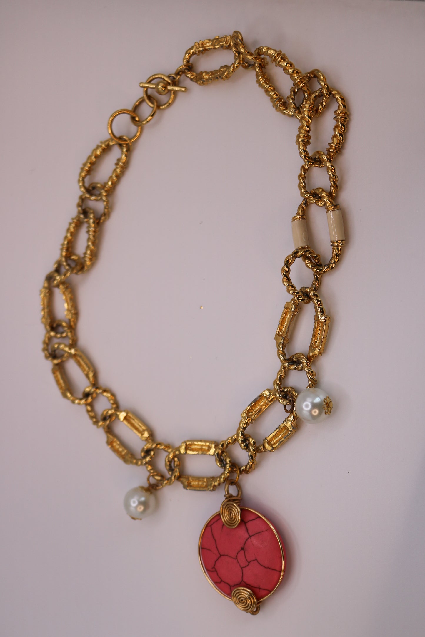Golden Chain Necklace with Pink Stone + Pearl Accents