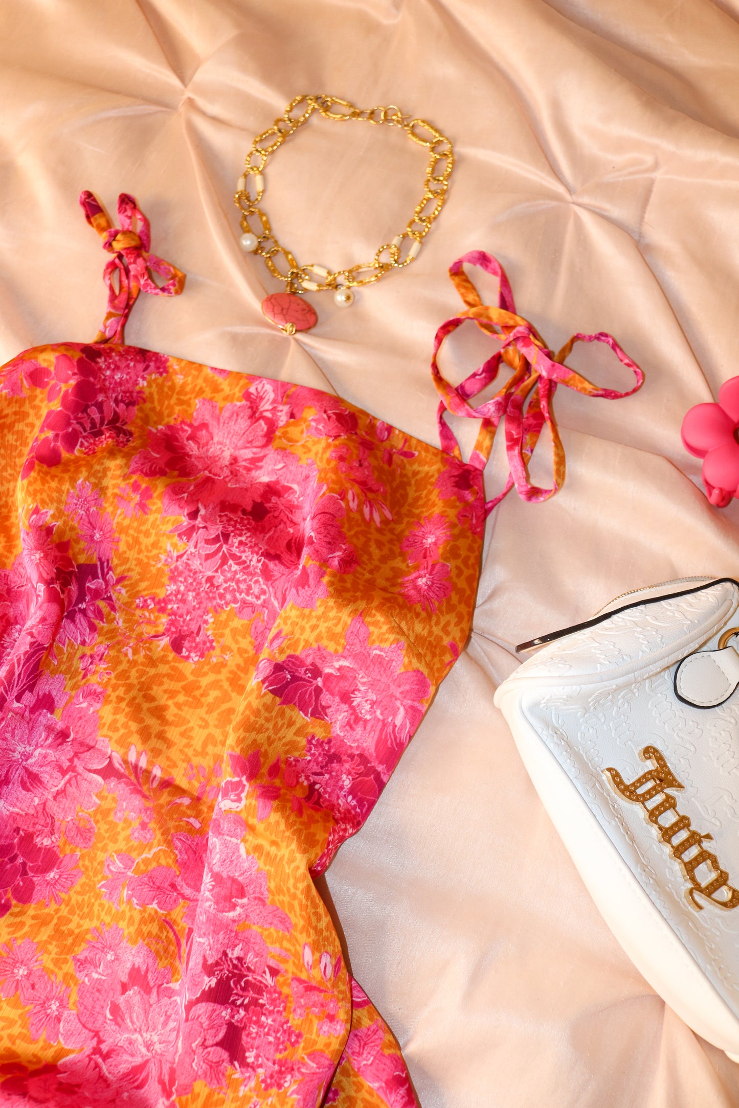 Golden Chain Necklace with Pink Stone + Pearl Accents