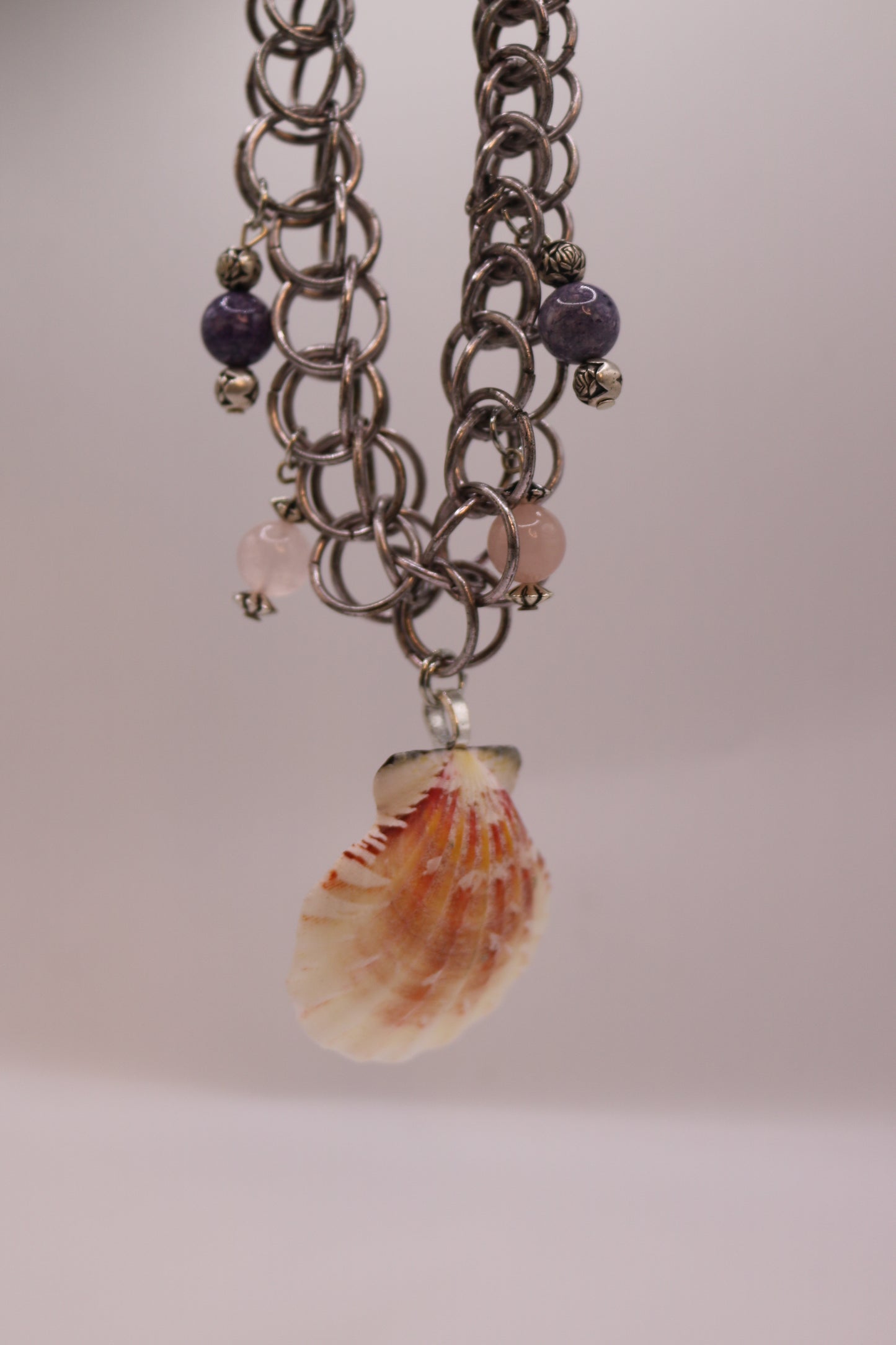 Seashell Charm Necklace with Chainmail and Gemstone Beads