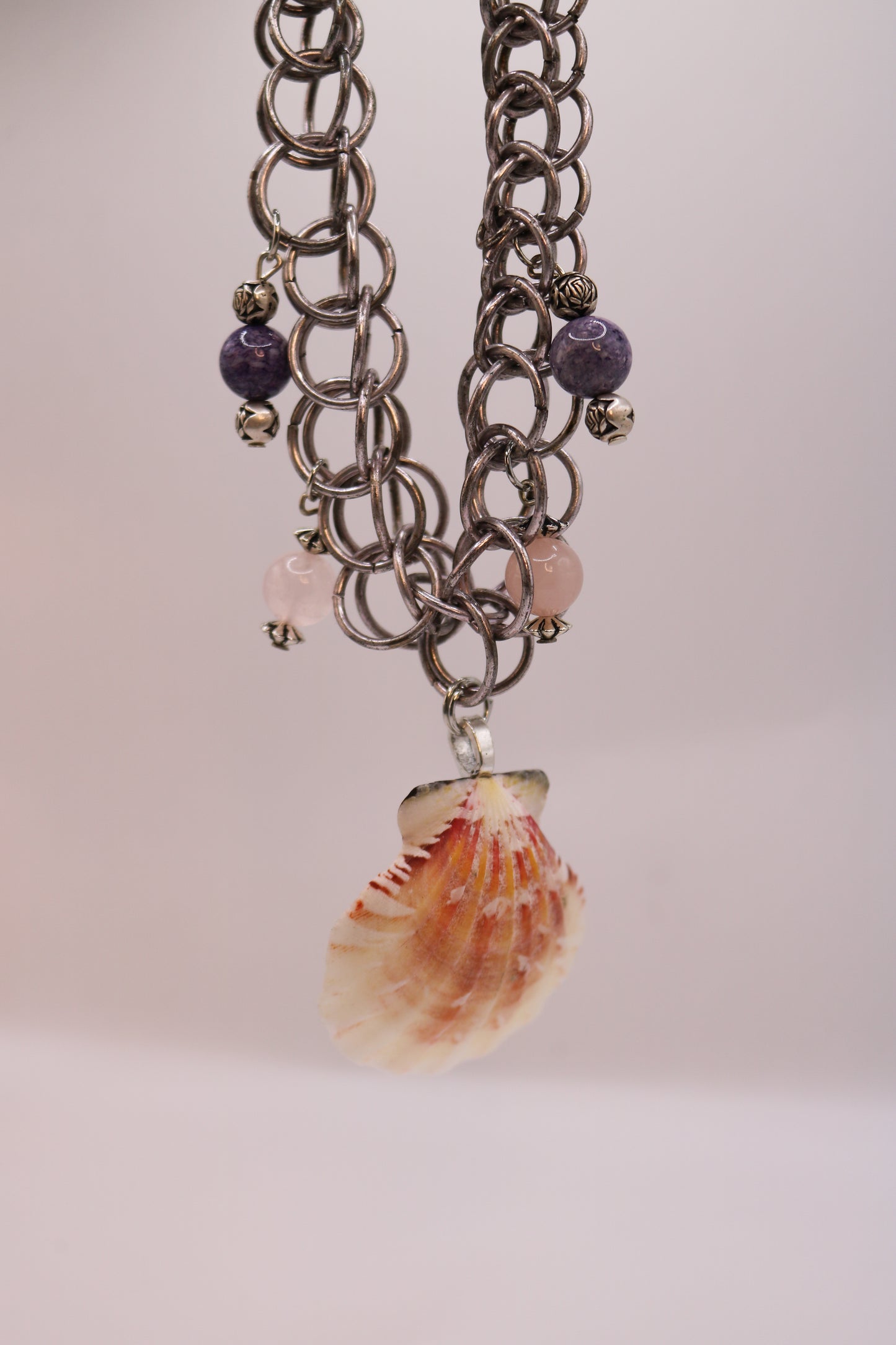 Seashell Charm Necklace with Chainmail and Gemstone Beads