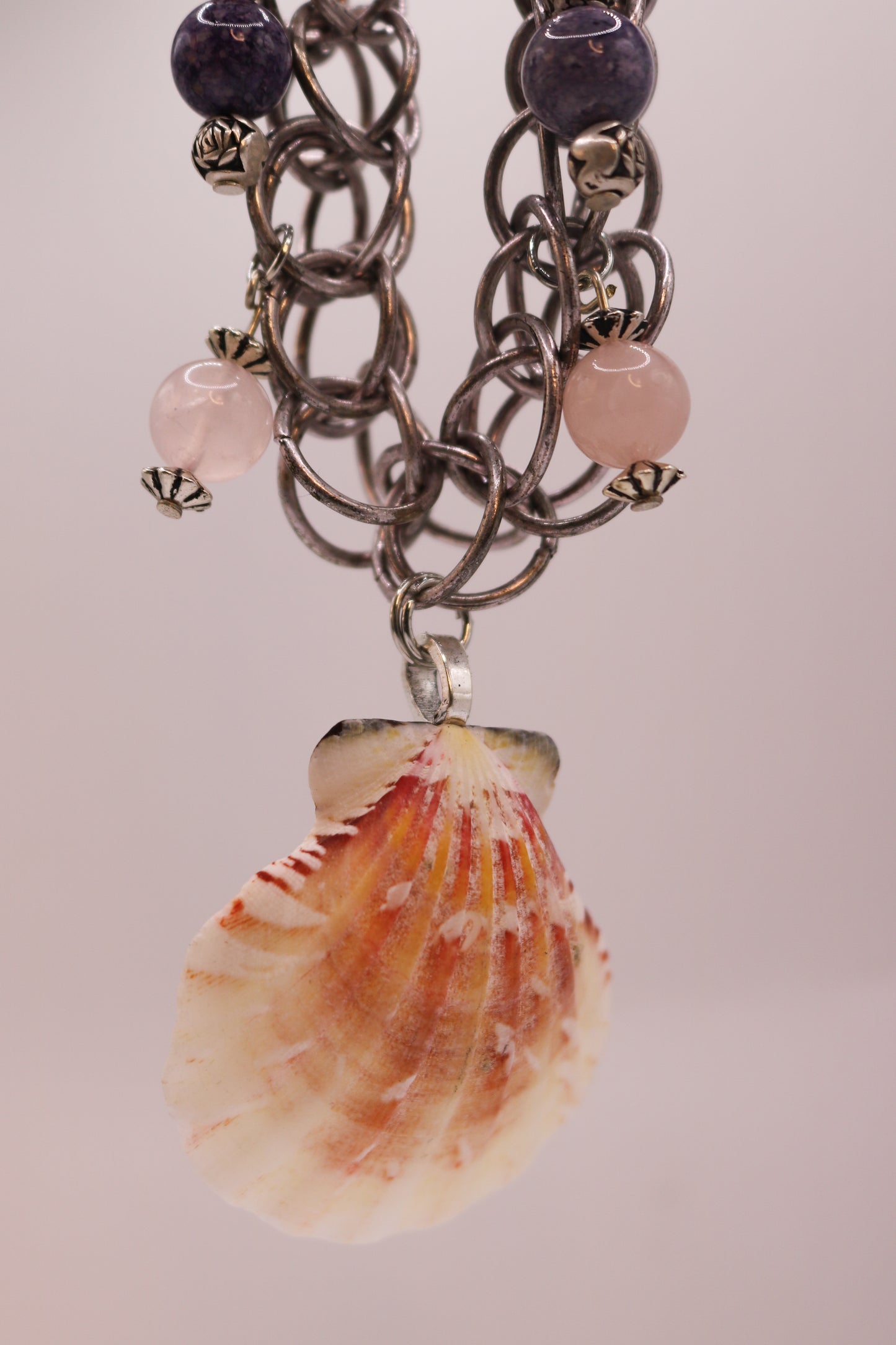 Seashell Charm Necklace with Chainmail and Gemstone Beads