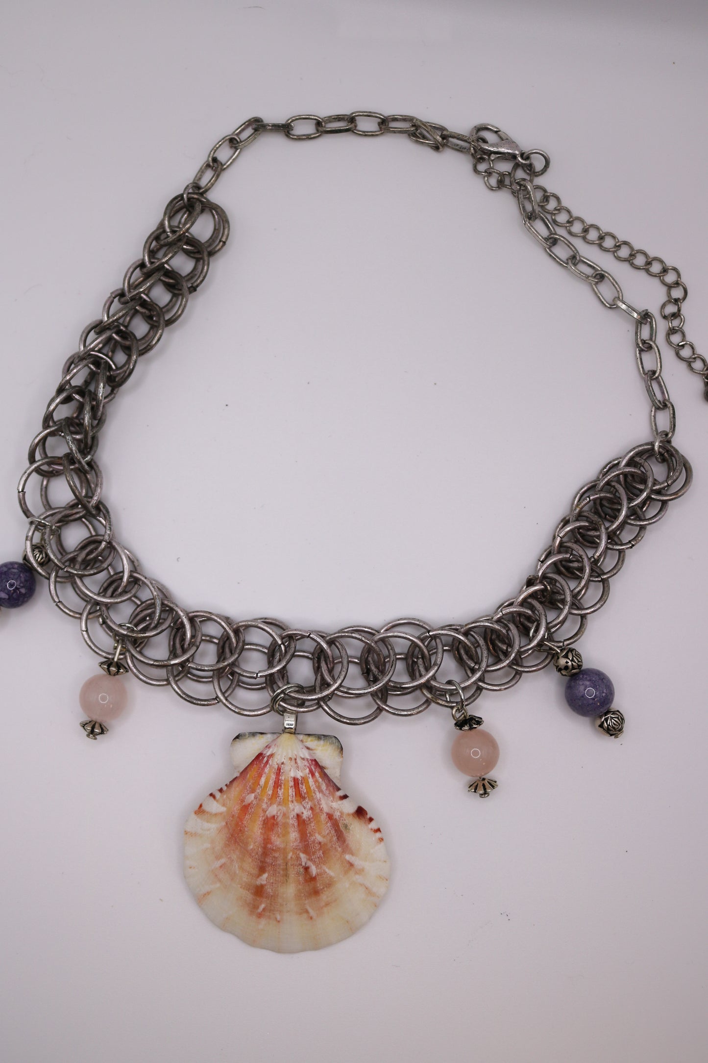 Seashell Charm Necklace with Chainmail and Gemstone Beads