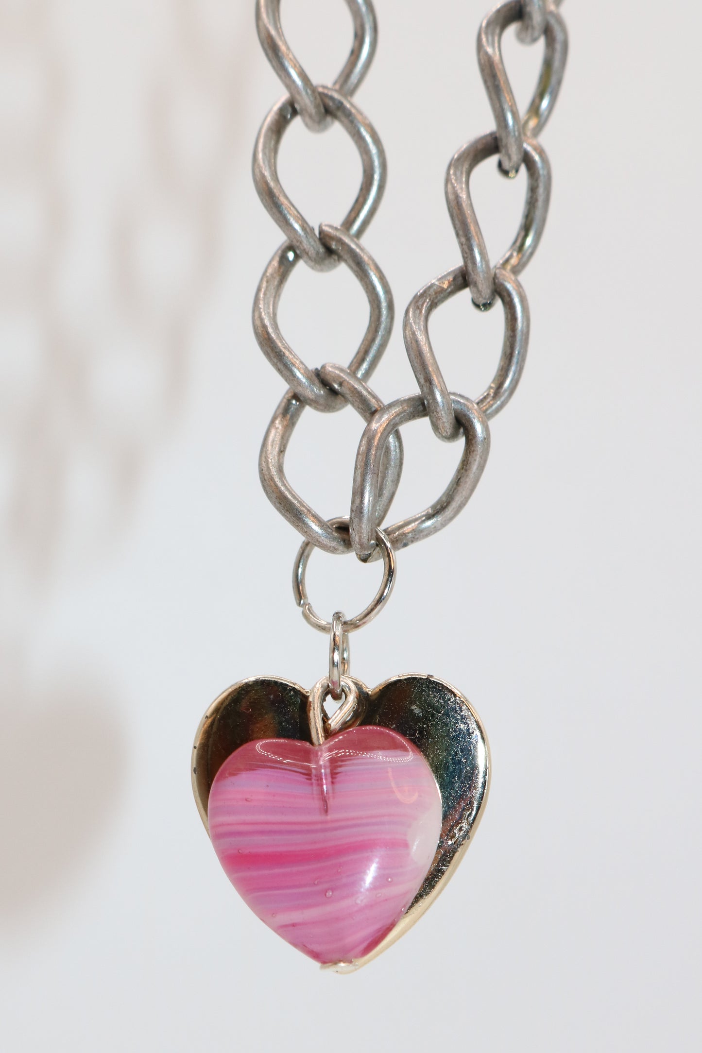 Chunky Silver Chain Necklace with Pink Glass Heart Pendant