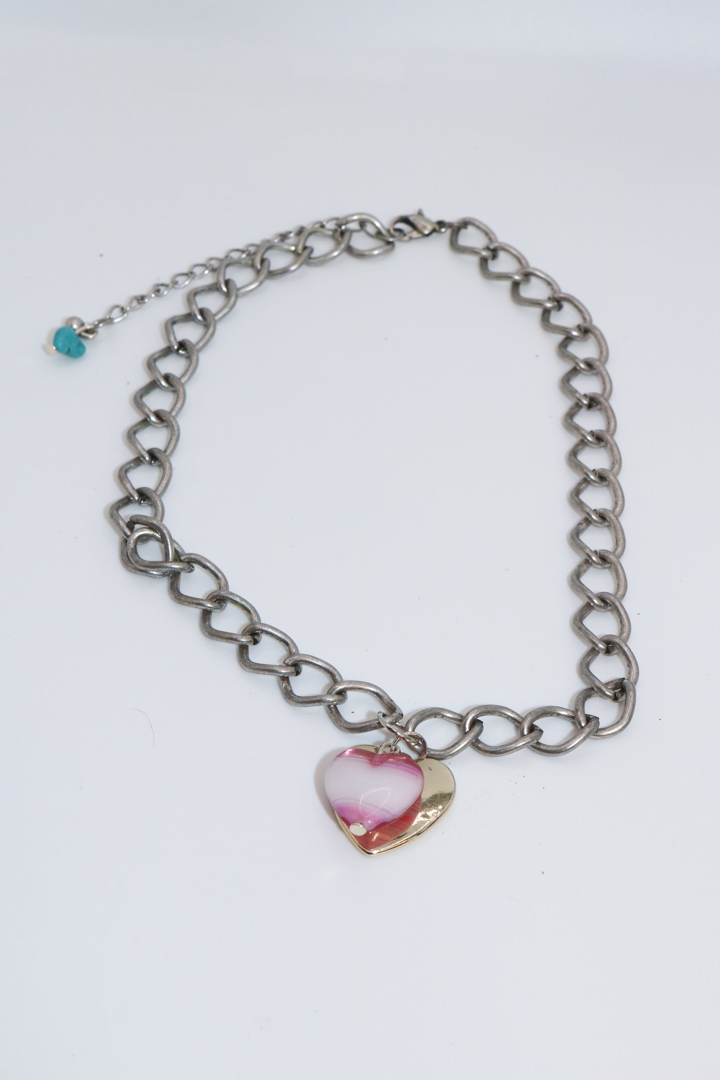 Chunky Silver Chain Necklace with Pink Glass Heart Pendant
