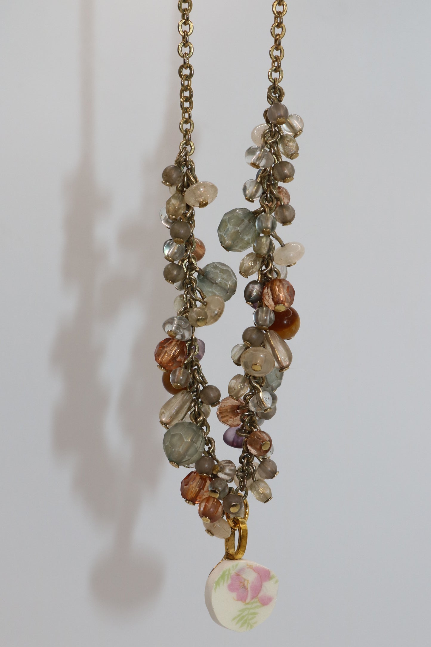 Vintage Beaded Cluster Necklace with Handmade China Plate Pendant