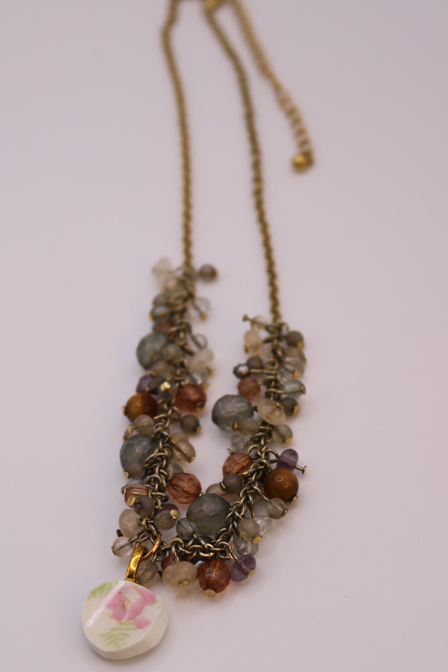 Vintage Beaded Cluster Necklace with Handmade China Plate Pendant