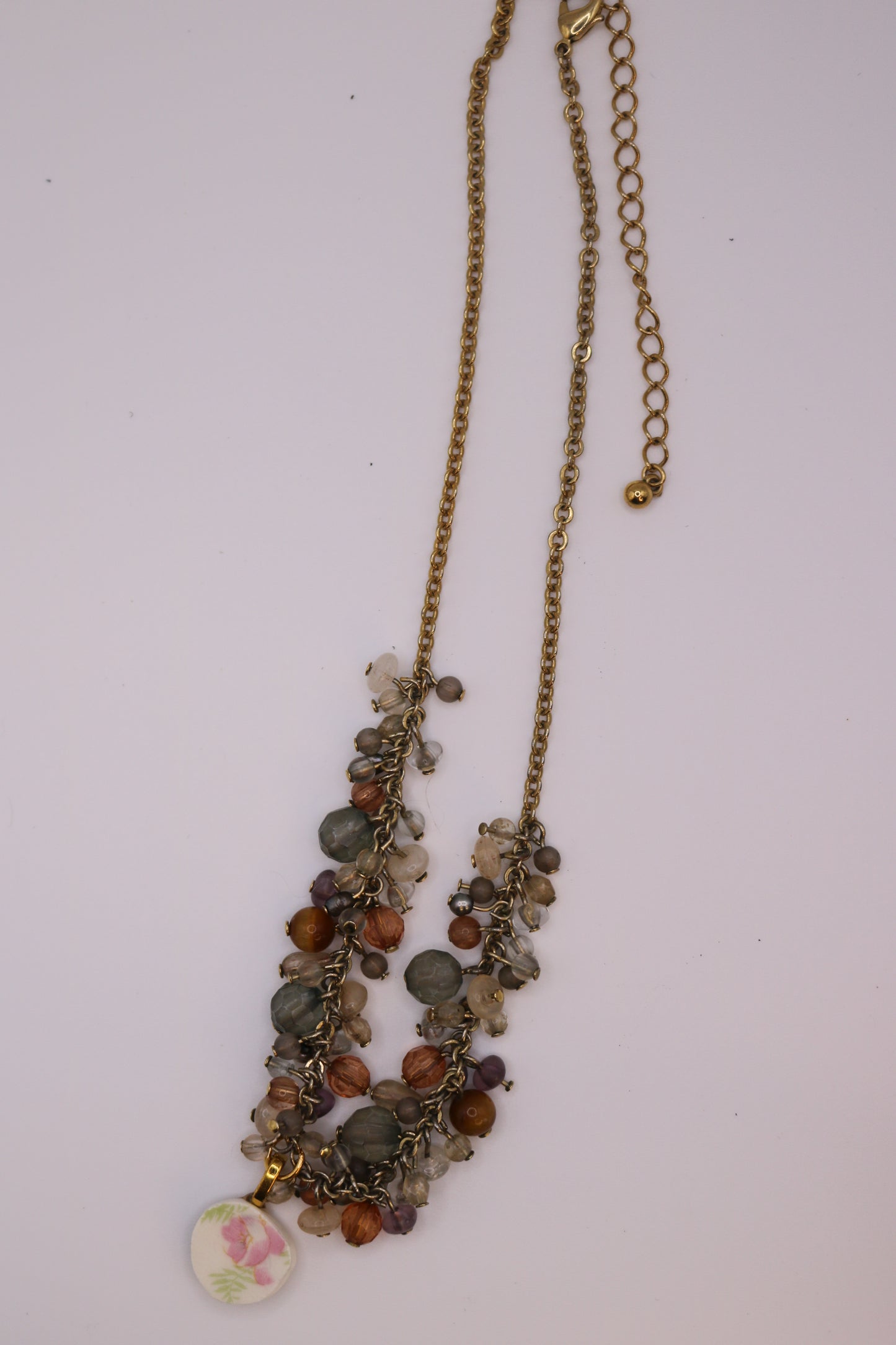 Vintage Beaded Cluster Necklace with Handmade China Plate Pendant