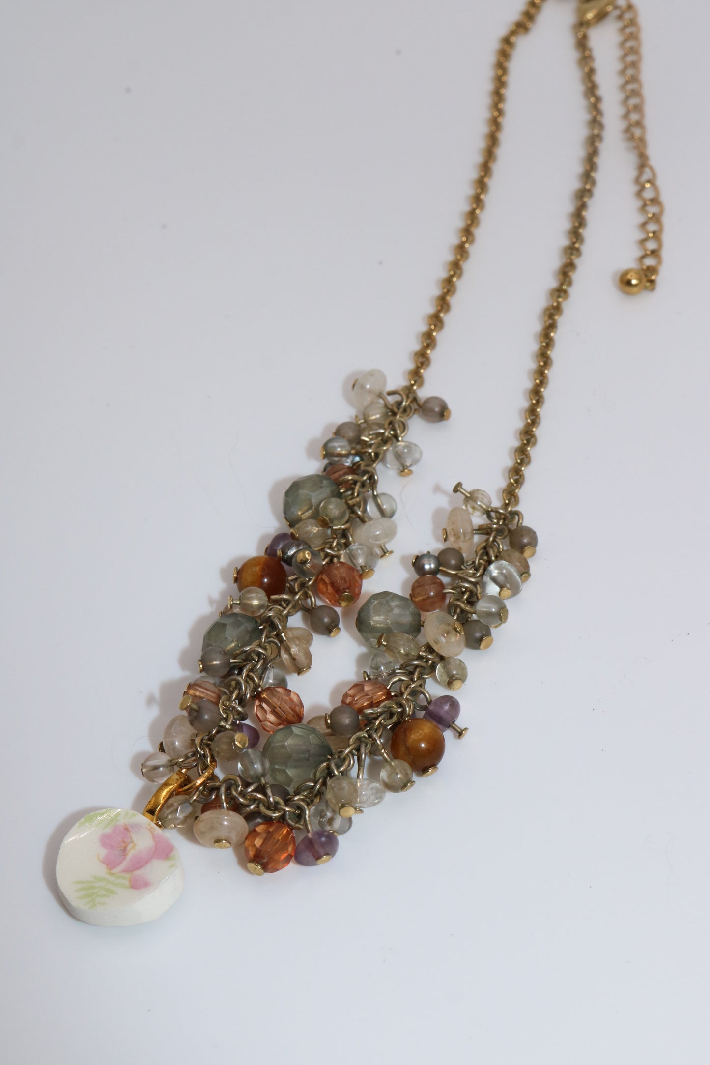 Vintage Beaded Cluster Necklace with Handmade China Plate Pendant