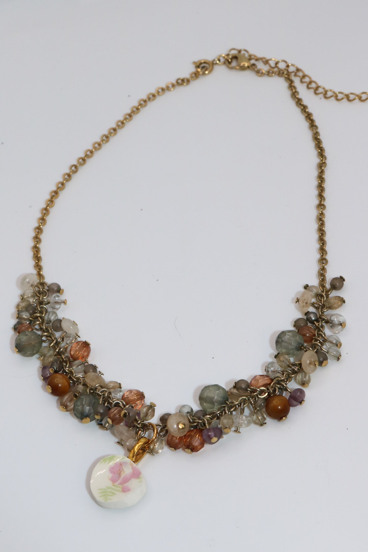 Vintage Beaded Cluster Necklace with Handmade China Plate Pendant