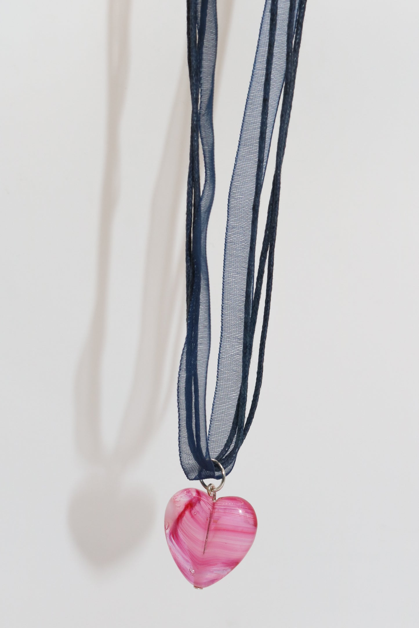 Pink Glass Heart Pendant on Navy Ribbon Cord Necklace