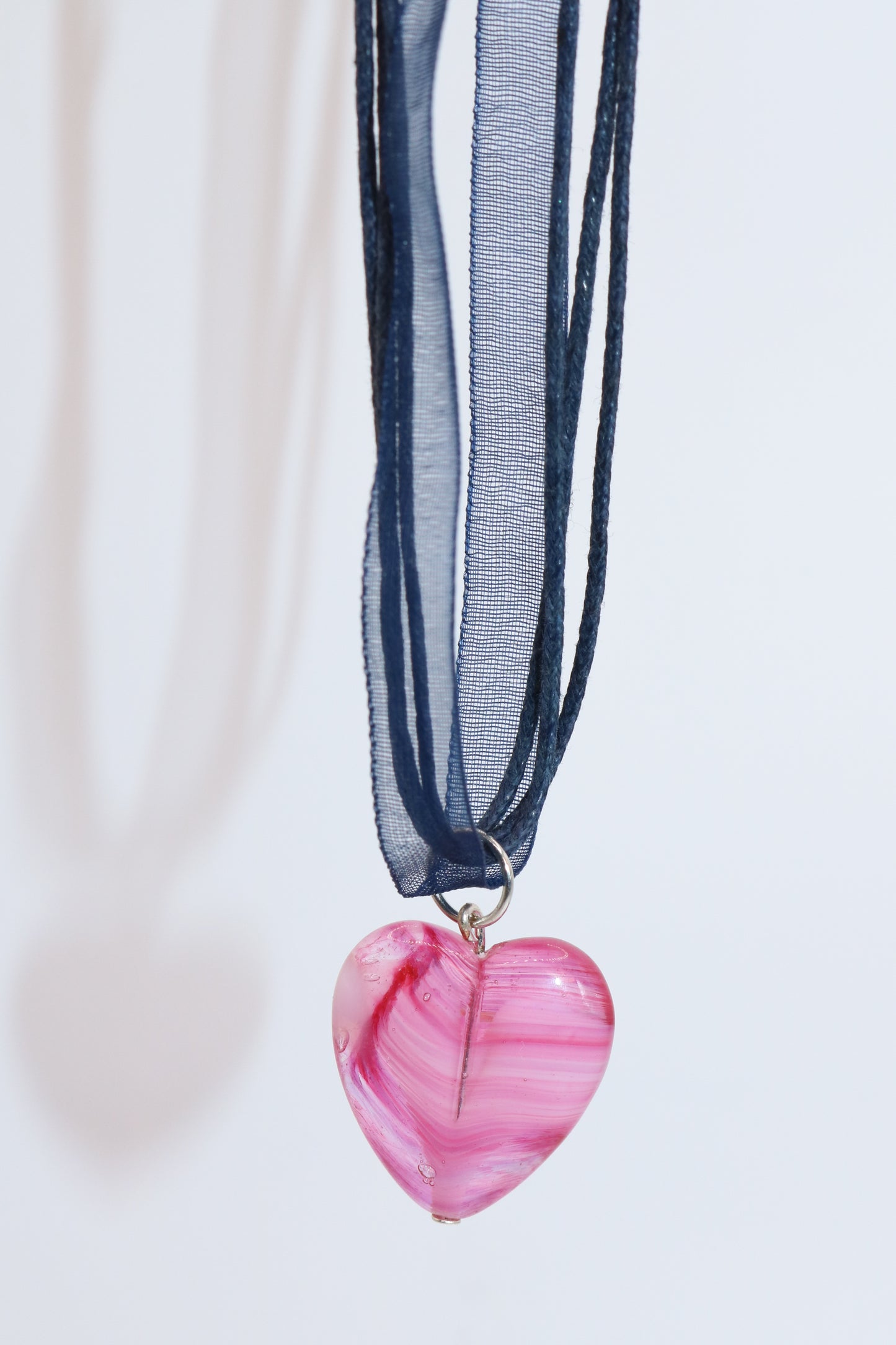 Pink Glass Heart Pendant on Navy Ribbon Cord Necklace