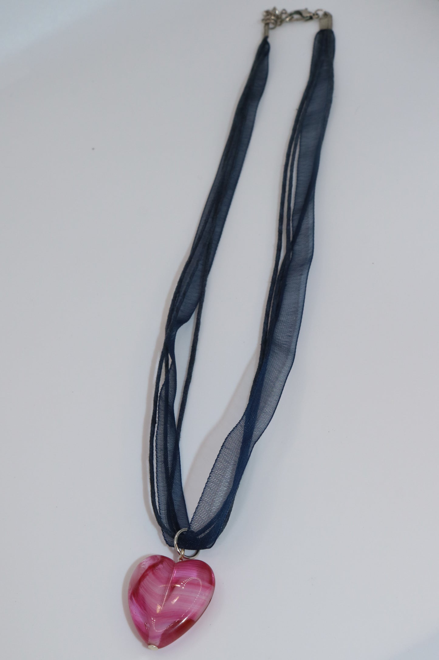 Pink Glass Heart Pendant on Navy Ribbon Cord Necklace