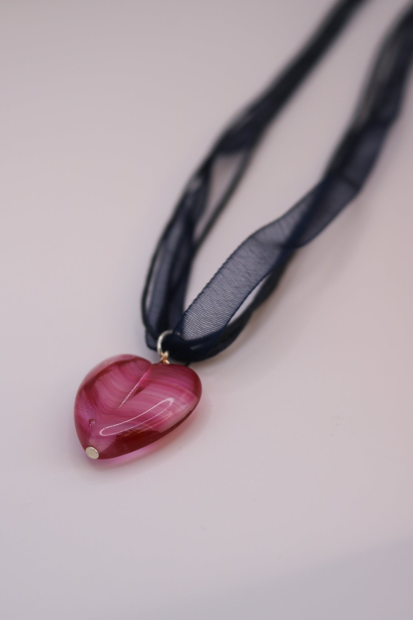Pink Glass Heart Pendant on Navy Ribbon Cord Necklace