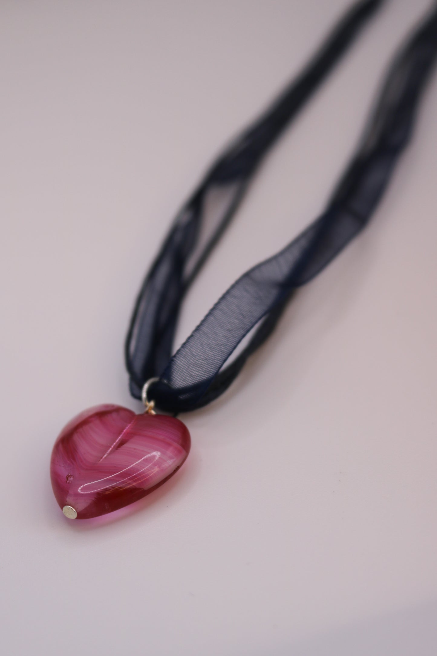 Pink Glass Heart Pendant on Navy Ribbon Cord Necklace