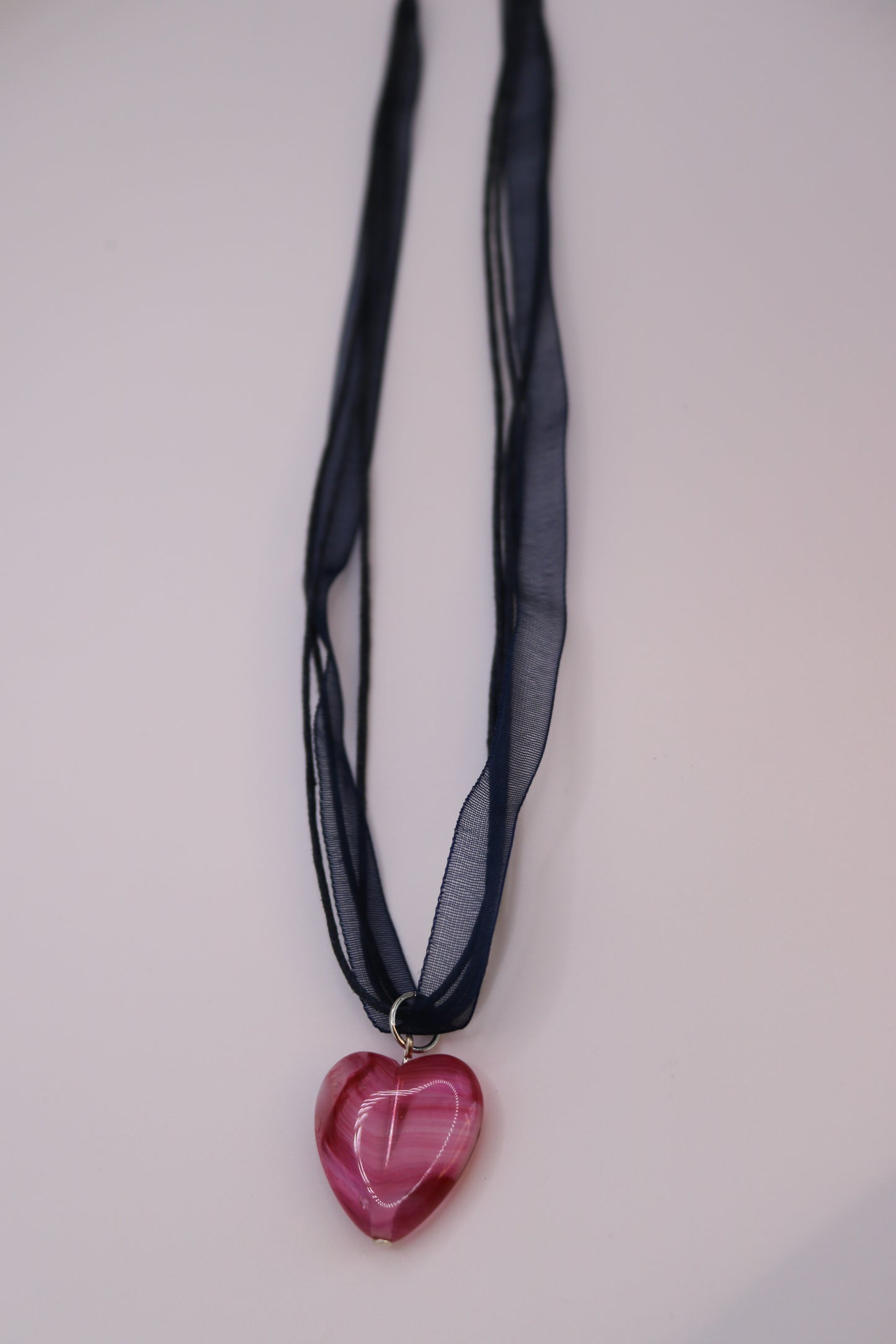 Pink Glass Heart Pendant on Navy Ribbon Cord Necklace