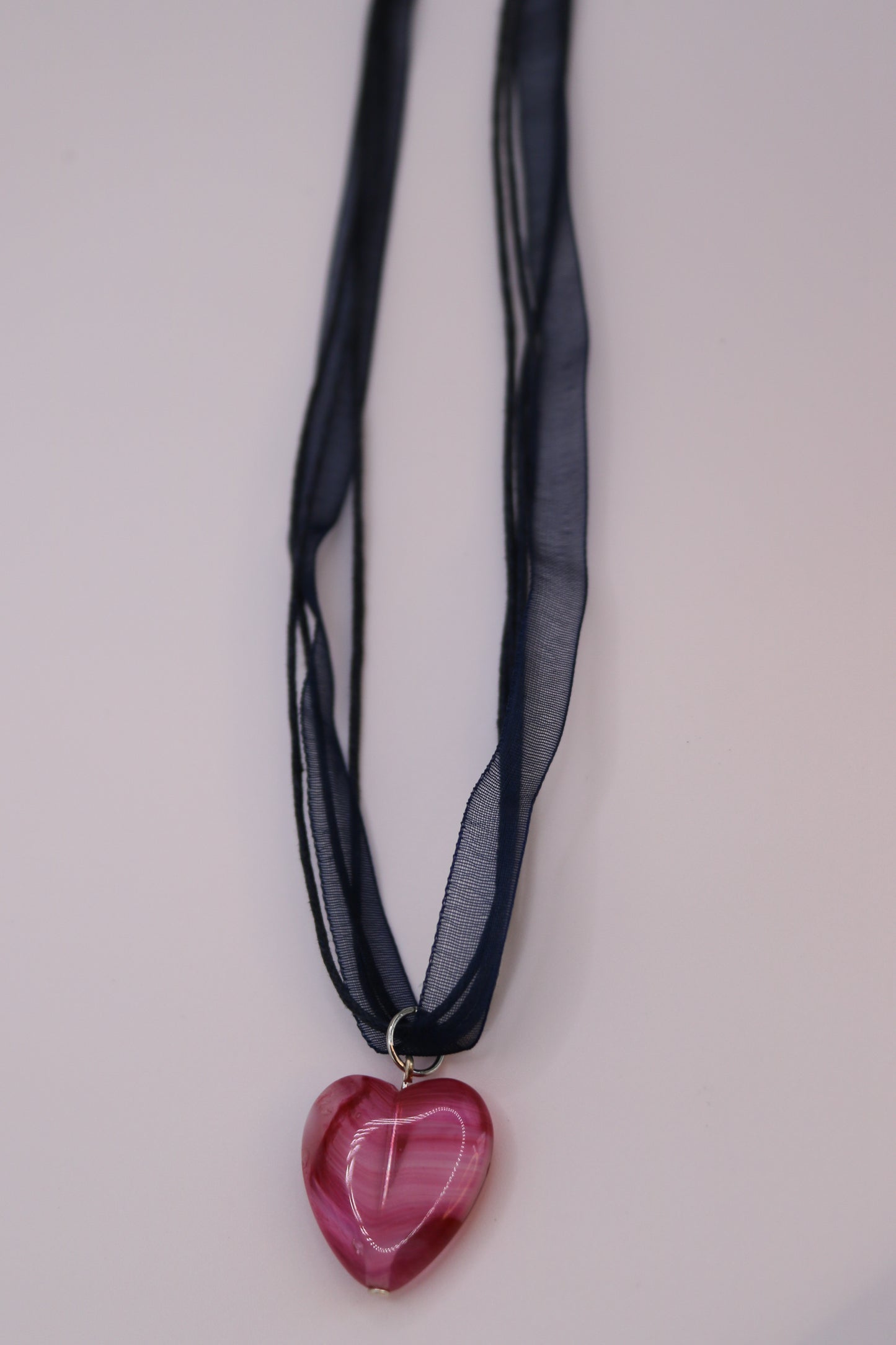 Pink Glass Heart Pendant on Navy Ribbon Cord Necklace