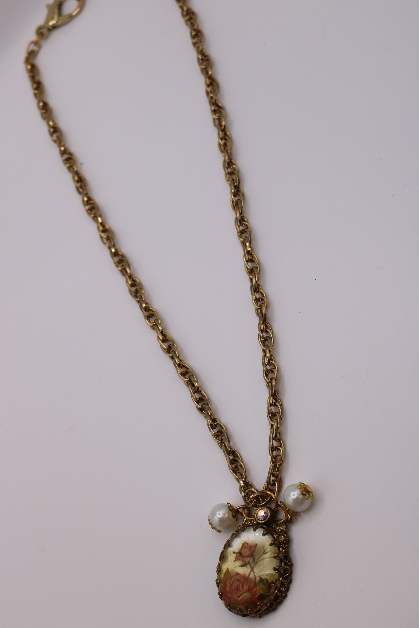 Vintage Rose Charm Necklace with Pearls