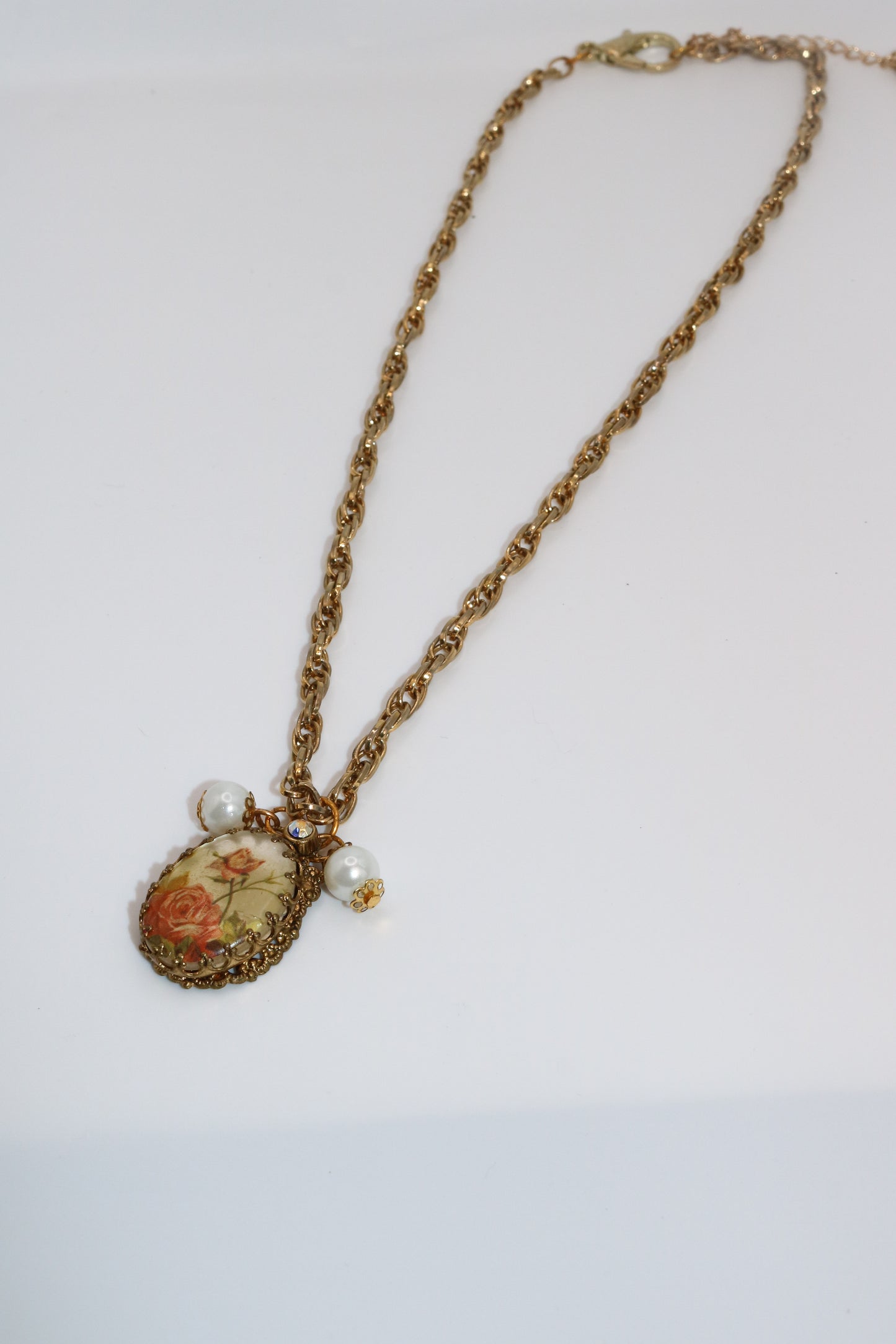 Vintage Rose Charm Necklace with Pearls