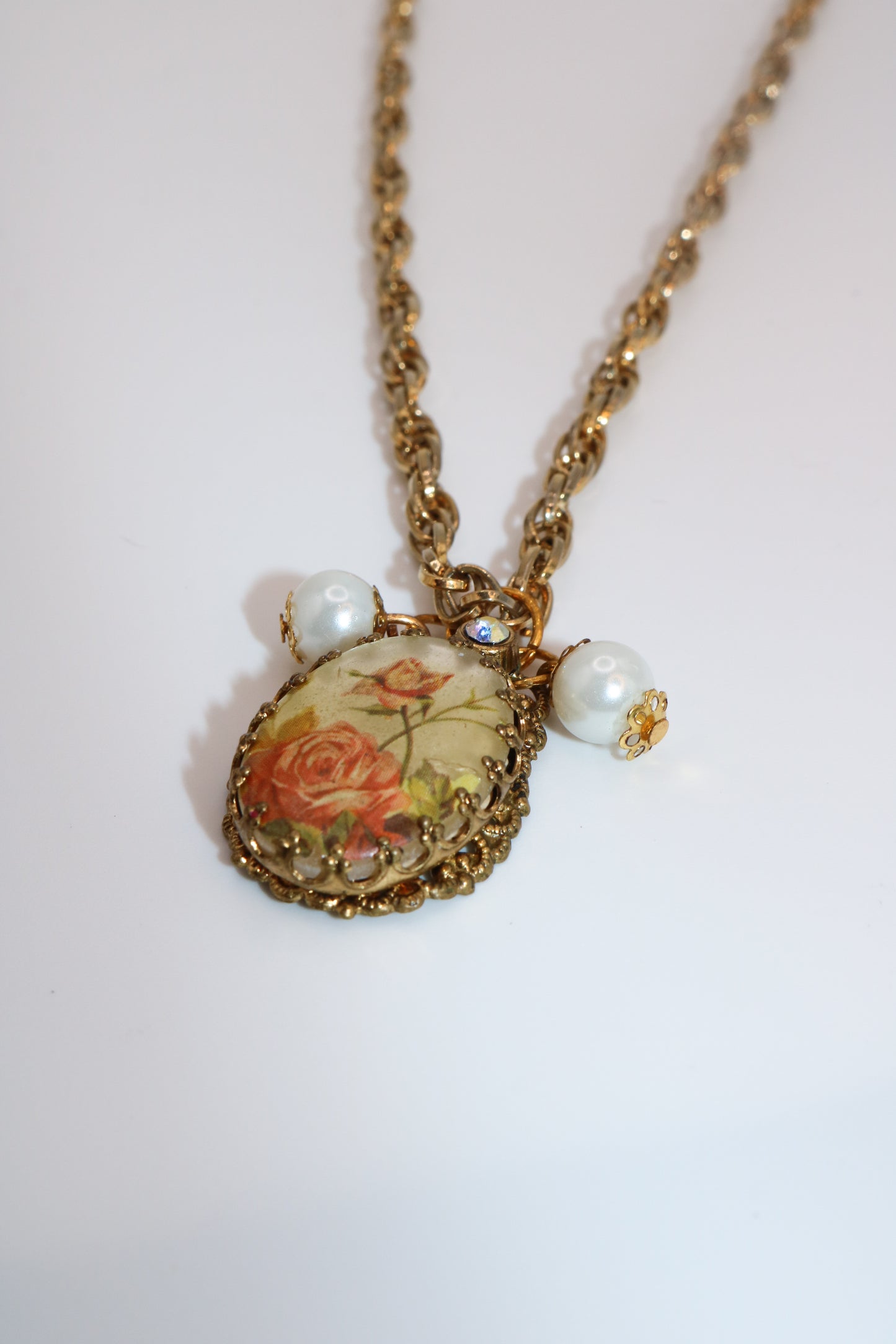 Vintage Rose Charm Necklace with Pearls
