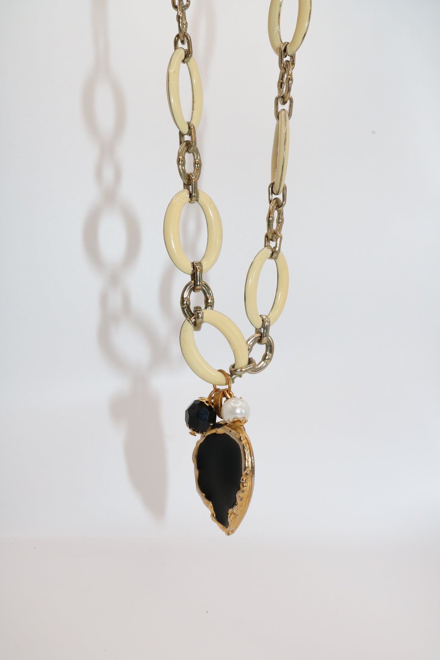 Chunky Cream Link Necklace with Black + Gold Drop Pendant