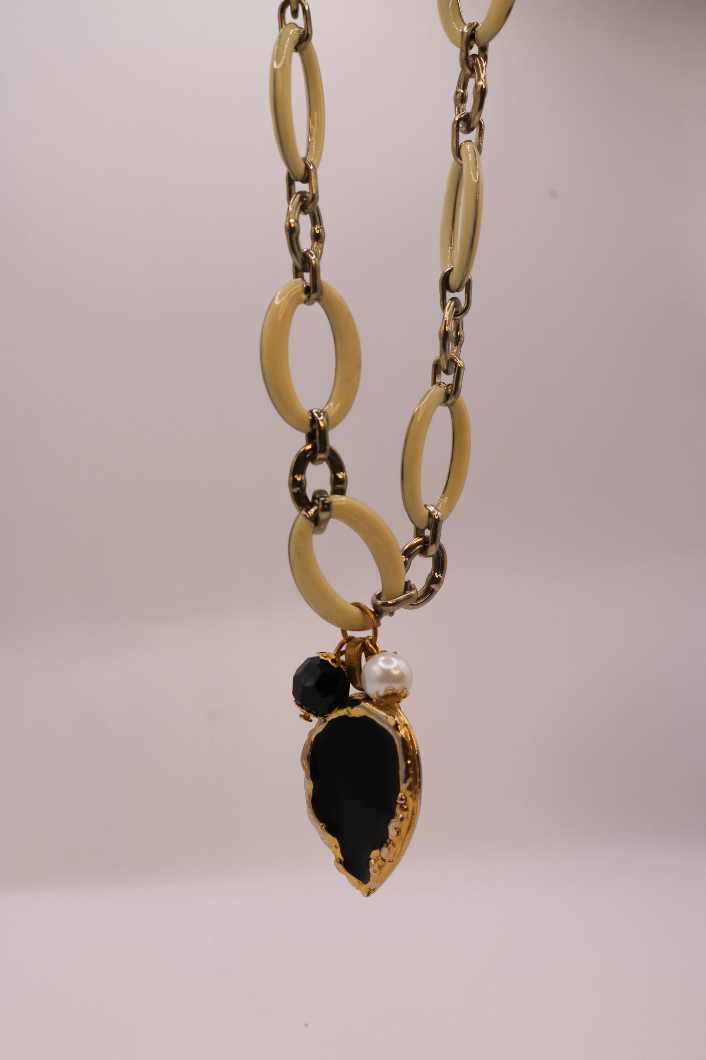Chunky Cream Link Necklace with Black + Gold Drop Pendant