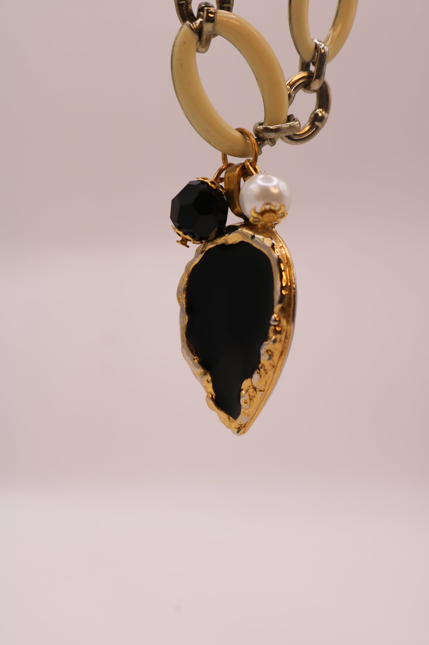 Chunky Cream Link Necklace with Black + Gold Drop Pendant